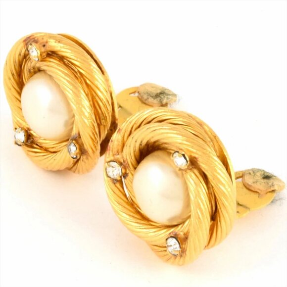 CHANEL Rhinestone Pearl Twist Round Clip-On Earrings Gold Tone Auth w/Box #ZMU6 - Picture 2 of 5